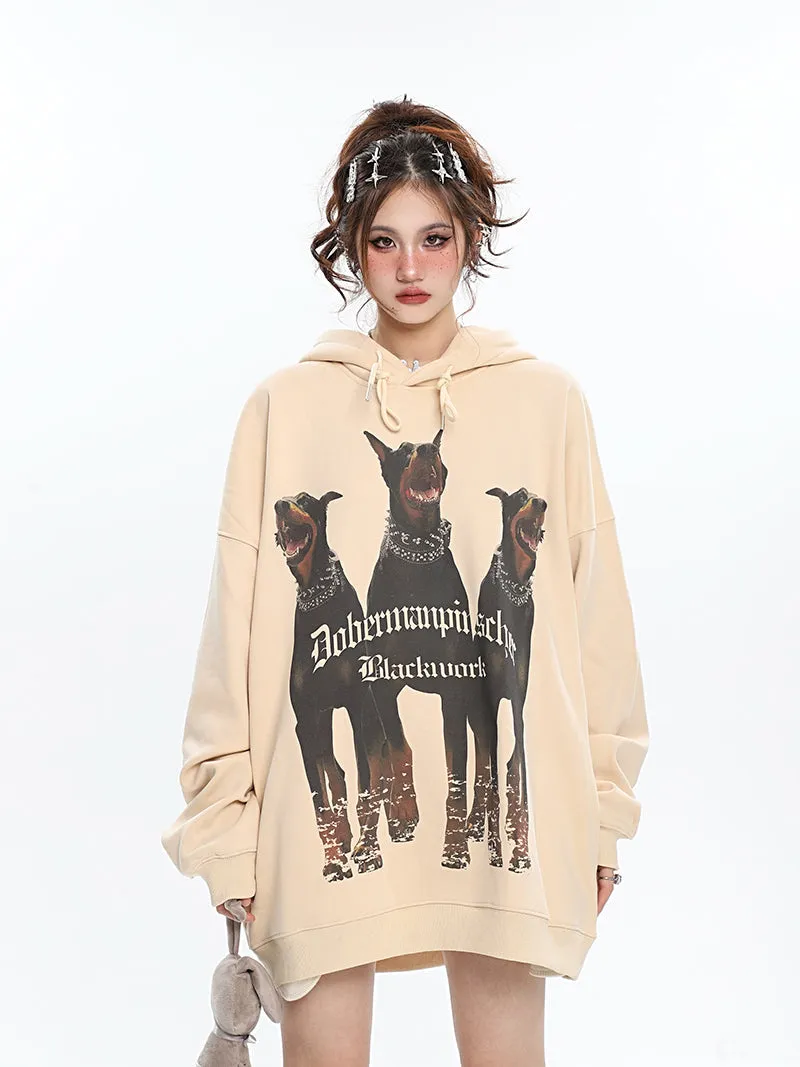 Doberman Graphic Letter Print Solid Color Long Sleeve Hoodie