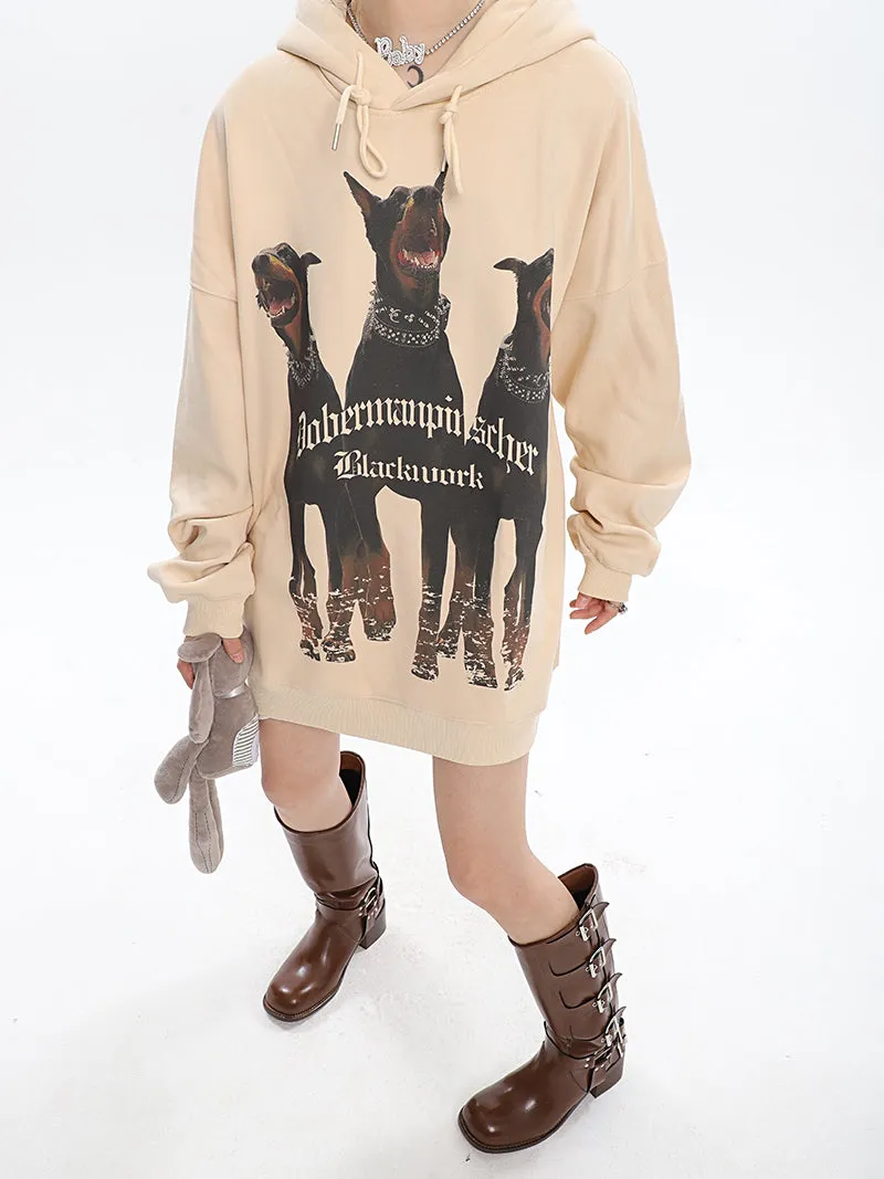 Doberman Graphic Letter Print Solid Color Long Sleeve Hoodie