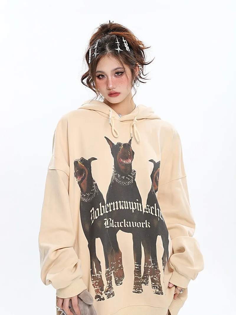 Doberman Graphic Letter Print Solid Color Long Sleeve Hoodie