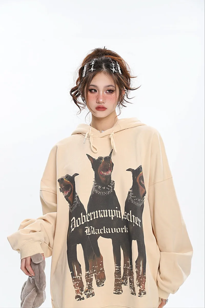 Doberman Graphic Letter Print Solid Color Long Sleeve Hoodie