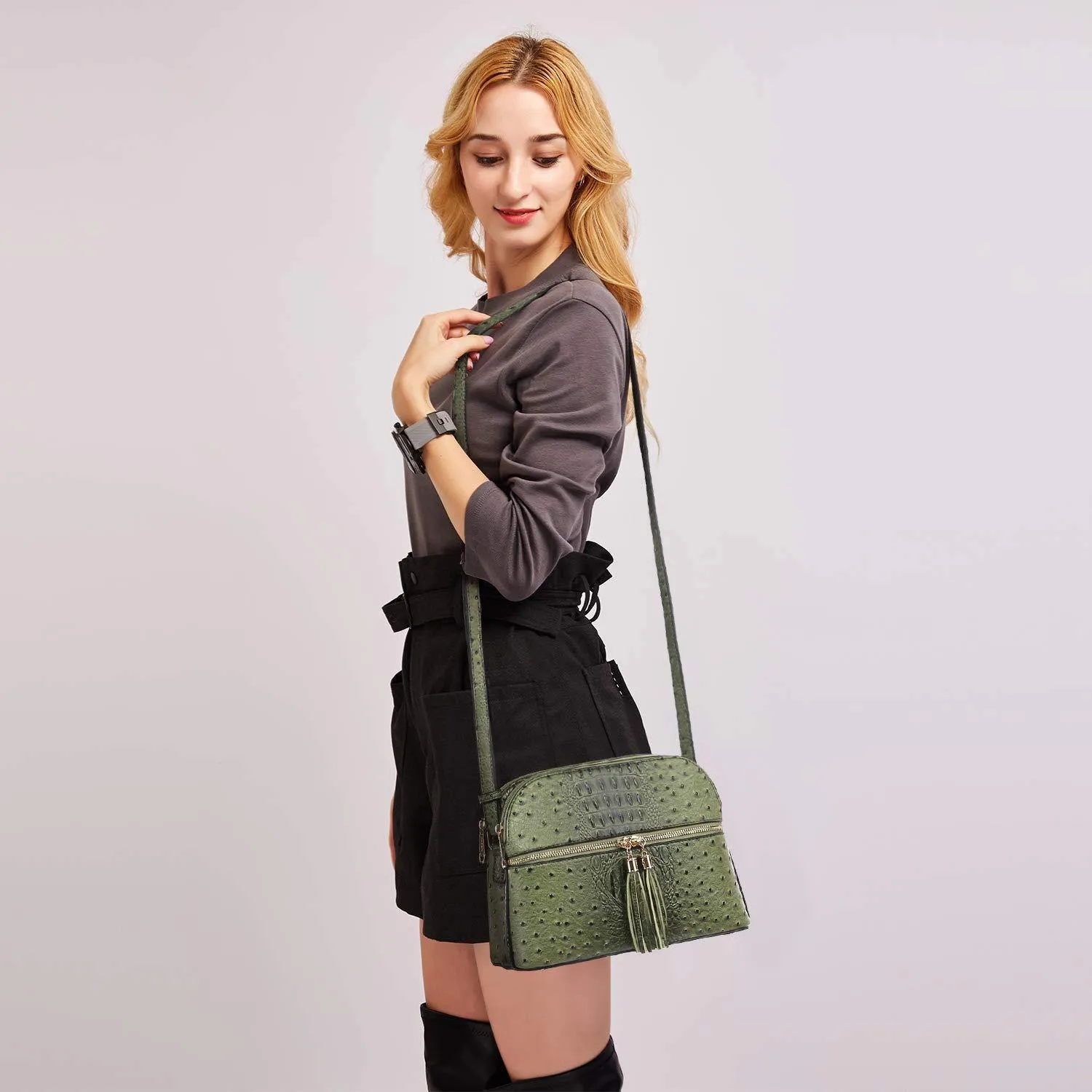 Fashion Embossed Pattern Tassel Crossbody Bag