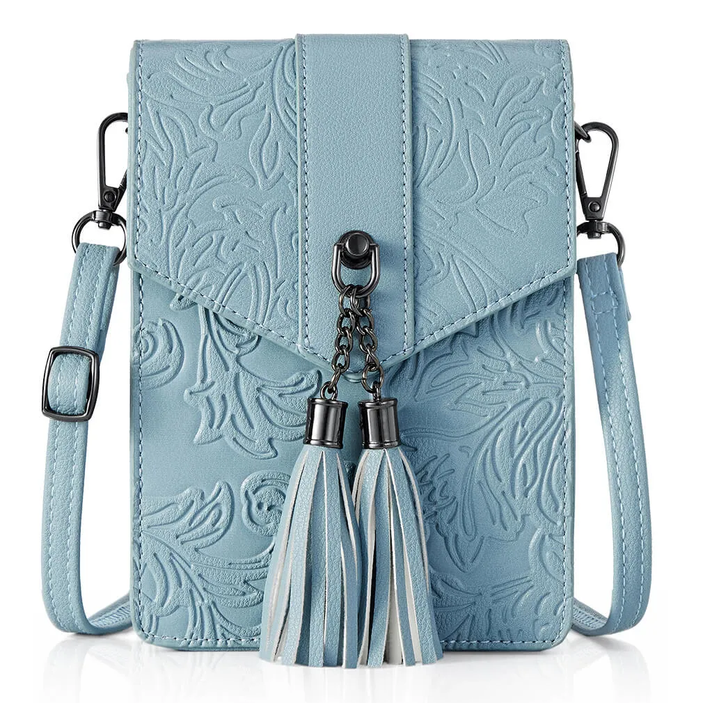 Fringe decorated orchid embossed Shoulder Bag-BLUE