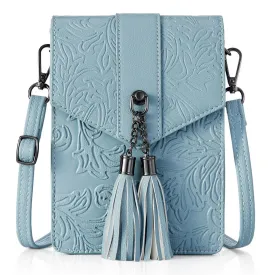 Fringe decorated orchid embossed Shoulder Bag-BLUE