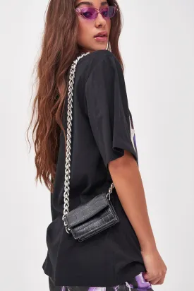 Mini Black Croc Bag With Chunky Chain