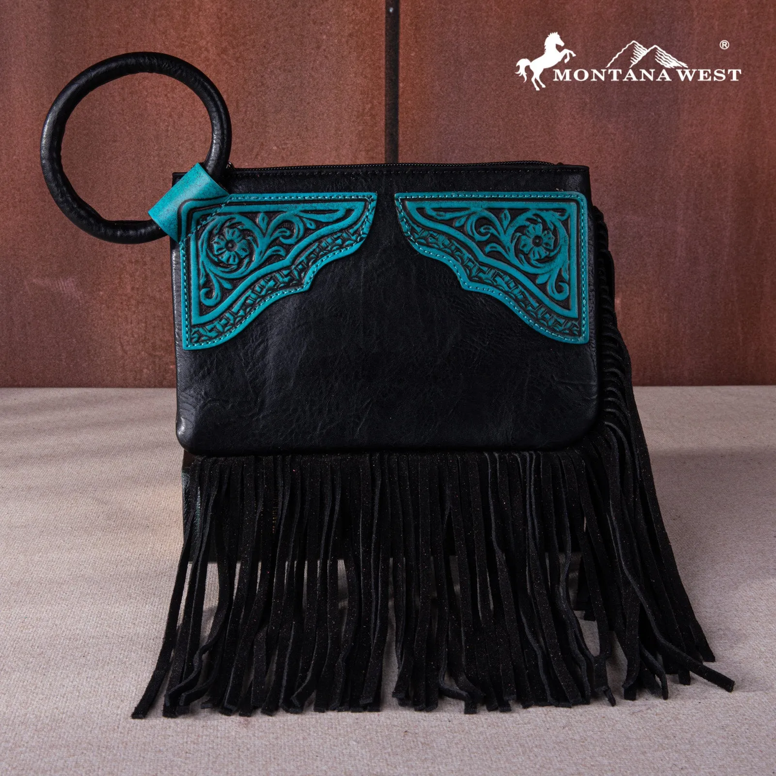 MW1262-A181 Montana West Floral Tooled Fringe Ring Handle Wristlet Clutch Bag