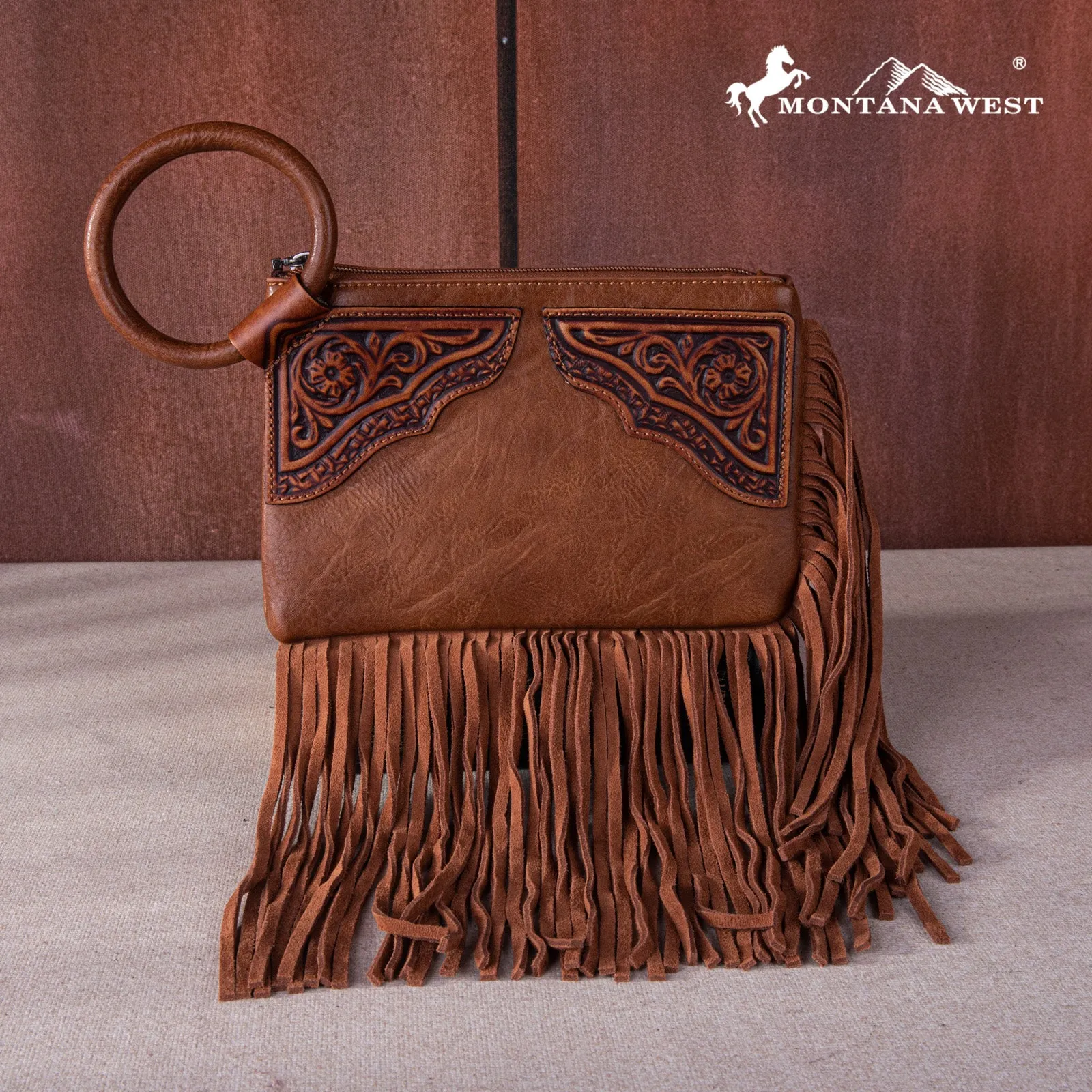 MW1262-A181 Montana West Floral Tooled Fringe Ring Handle Wristlet Clutch Bag