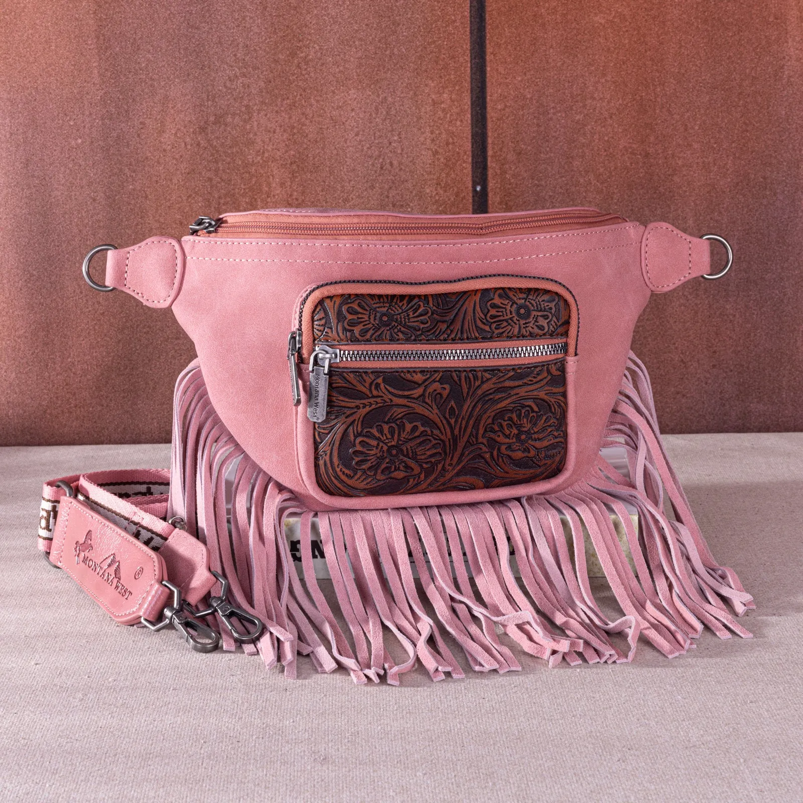 MW1276-194 Montana West Floral Tooled Fringe  Fanny Pack - Pink