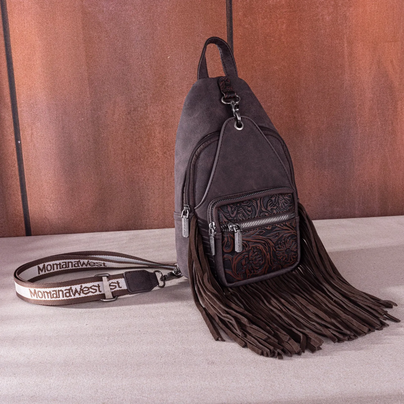 MW1276-S9110   Montana West Tooled Fringe Sling Bag - Coffee