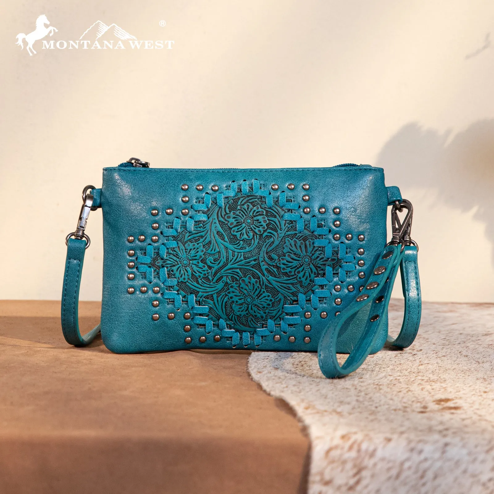 MW1299-181 Montana West Floral Tooled Wristlet Clutch/Crossbody Bag