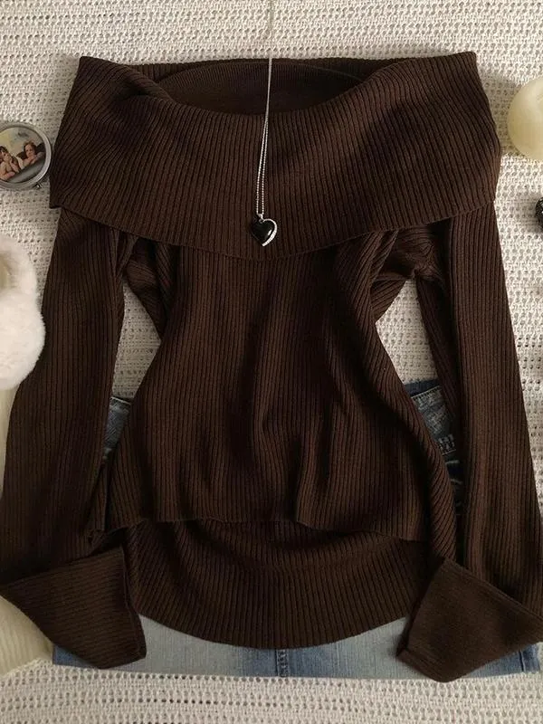 Original dark brown one-shoulder knitted soft sweater