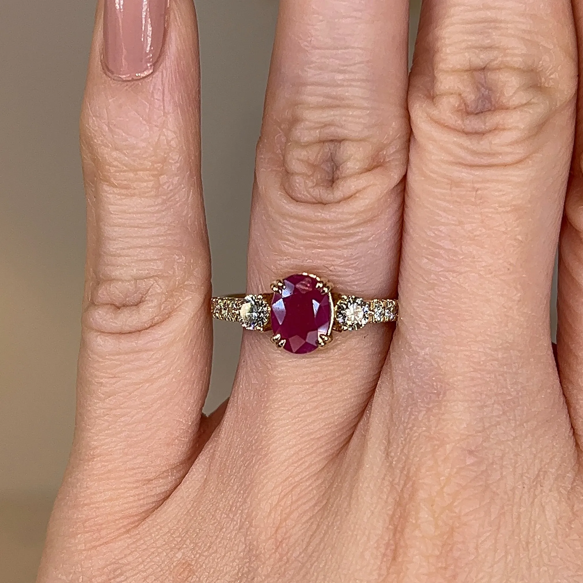 "Piper" Fuchsia Pink Oval Cut Ruby Diamond Shoulders Engagement Ring