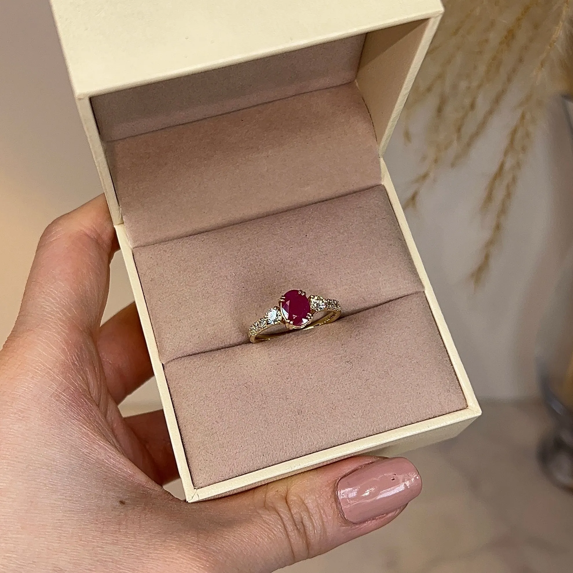 "Piper" Fuchsia Pink Oval Cut Ruby Diamond Shoulders Engagement Ring