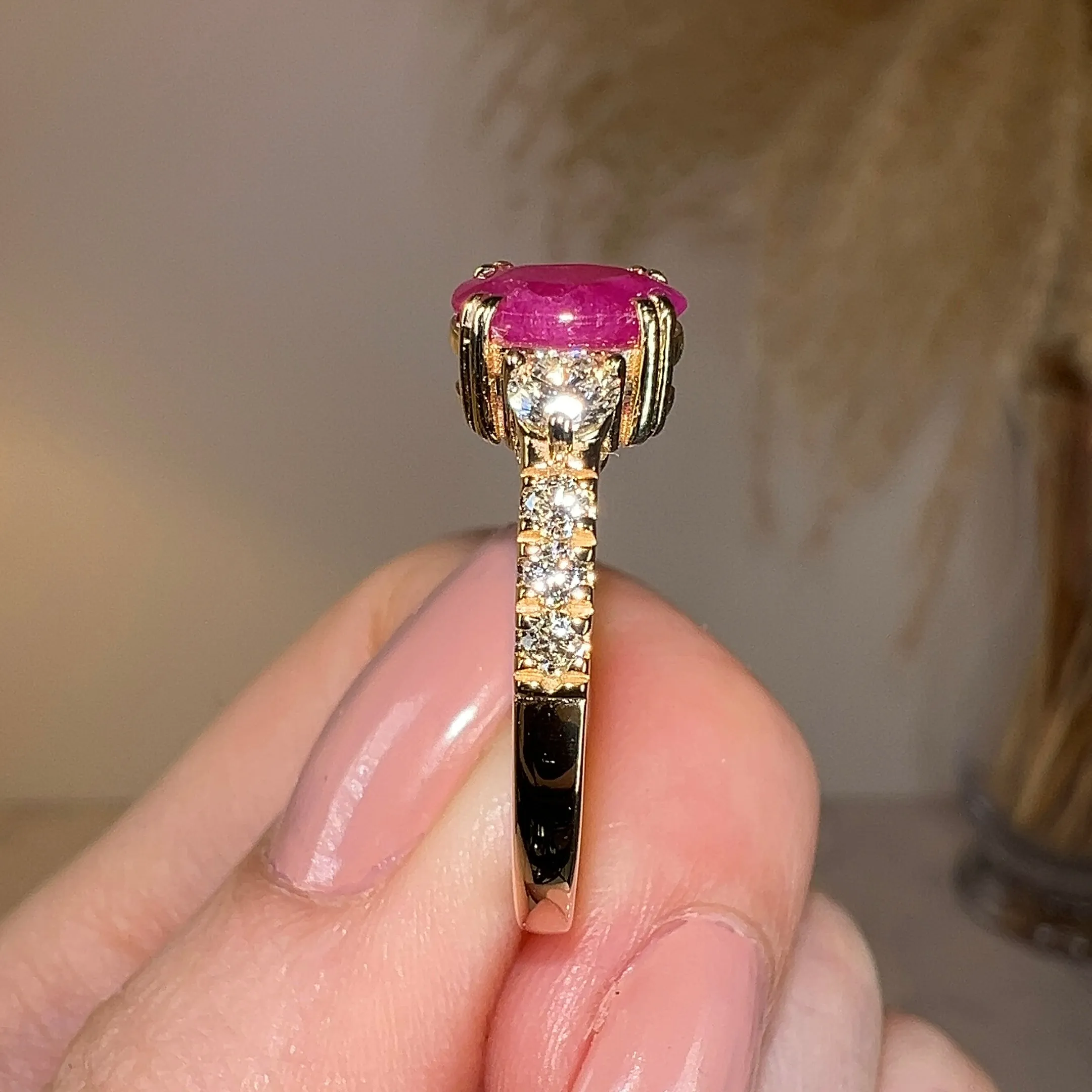 "Piper" Fuchsia Pink Oval Cut Ruby Diamond Shoulders Engagement Ring