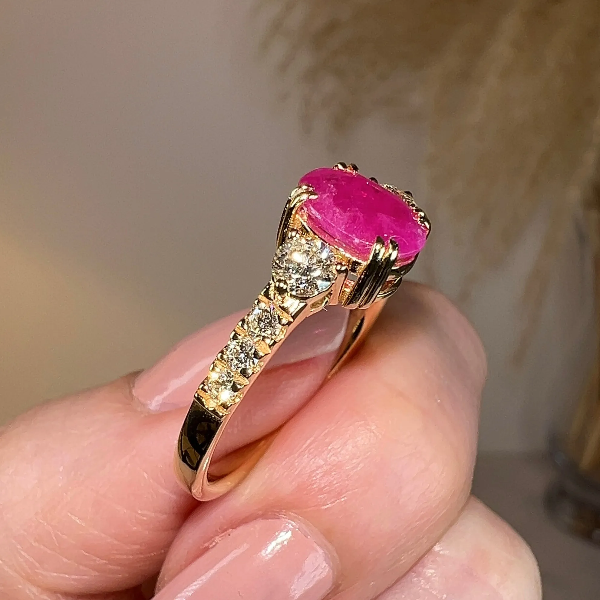 "Piper" Fuchsia Pink Oval Cut Ruby Diamond Shoulders Engagement Ring