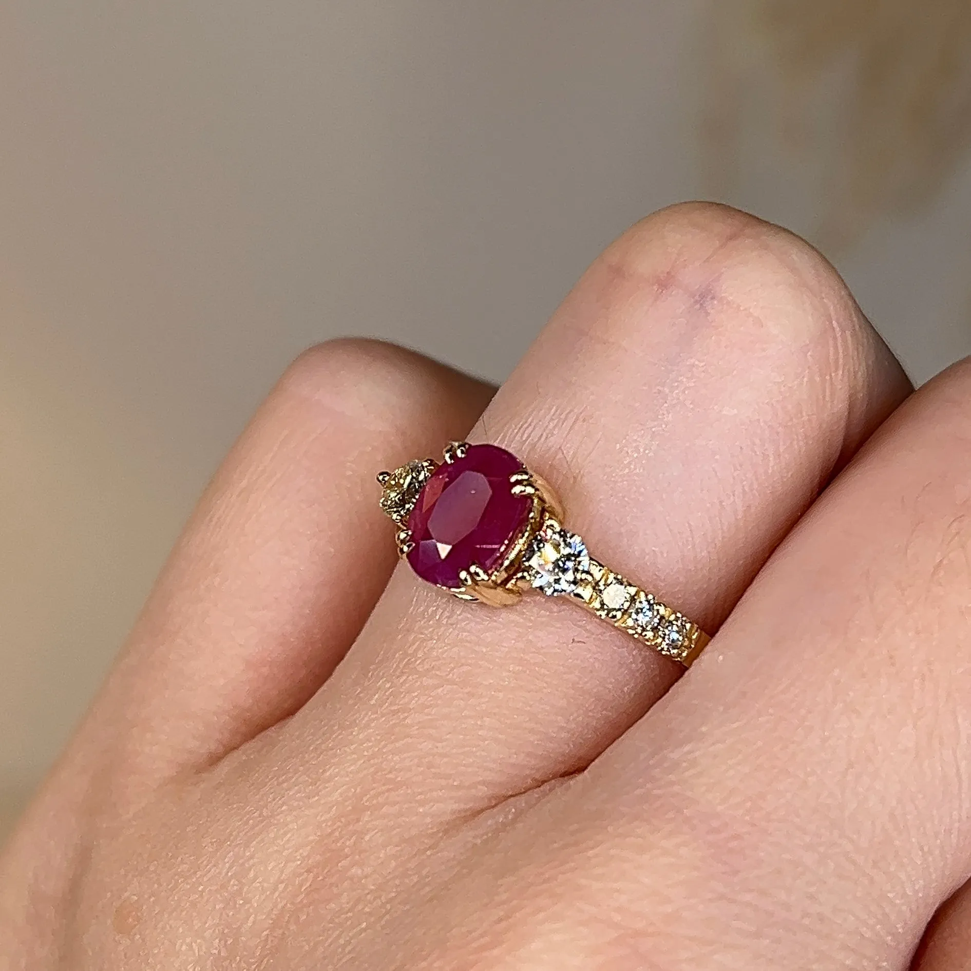 "Piper" Fuchsia Pink Oval Cut Ruby Diamond Shoulders Engagement Ring