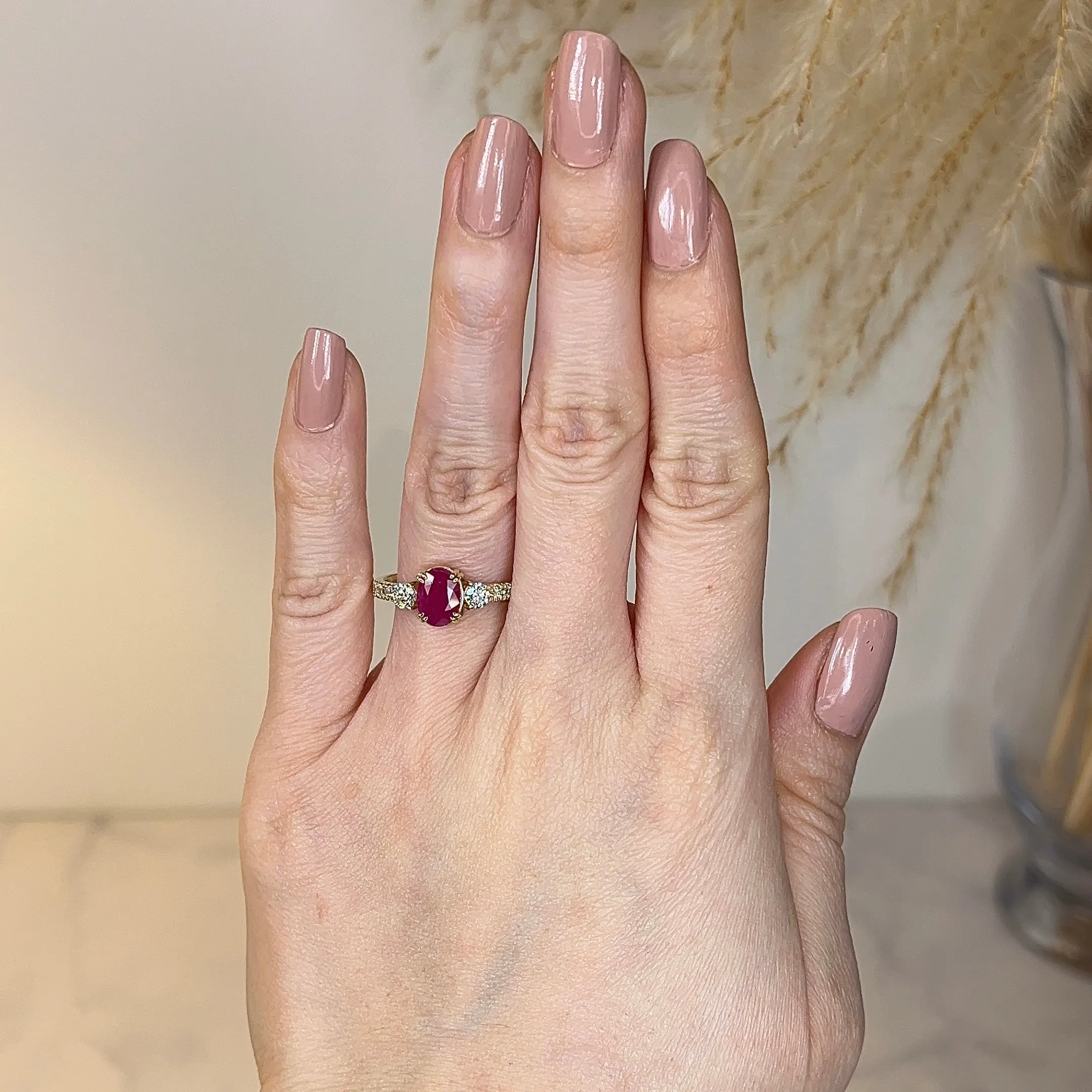 "Piper" Fuchsia Pink Oval Cut Ruby Diamond Shoulders Engagement Ring