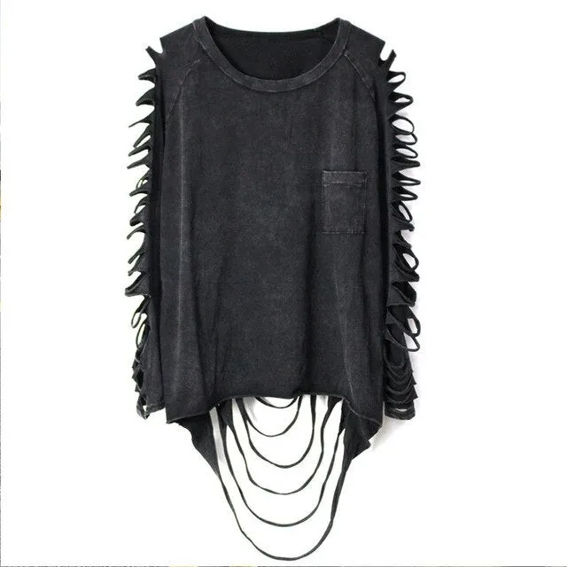 'Reckoning' Black Grunge Washed Torn Long Sleeve Top