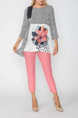 Red Color Block Flower Print Tunic Top