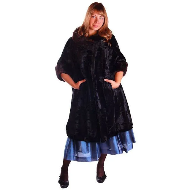 Vintage Black Crushed Silk Velveteen Cocoon Coat Brown Mink Trim 50S Med