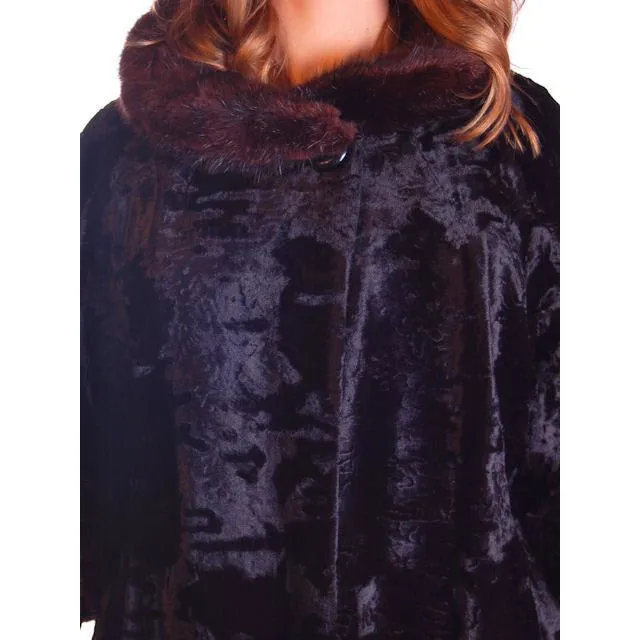 Vintage Black Crushed Silk Velveteen Cocoon Coat Brown Mink Trim 50S Med