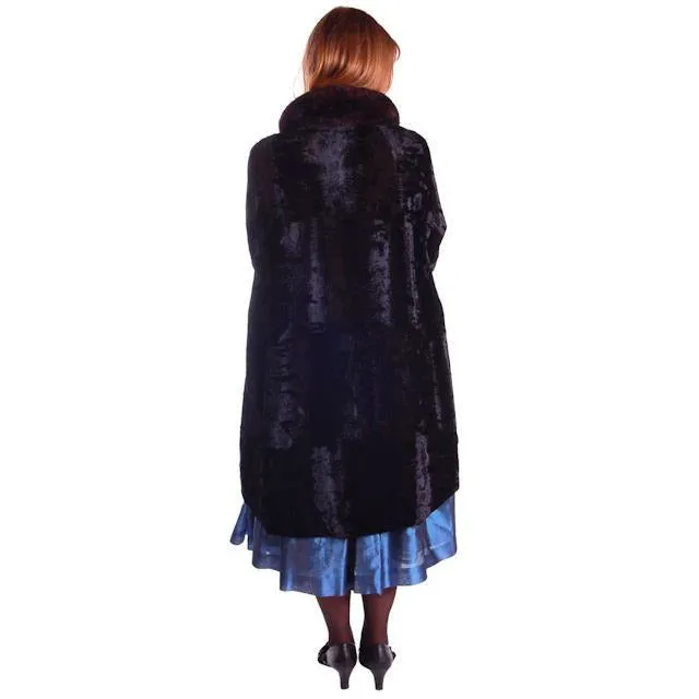 Vintage Black Crushed Silk Velveteen Cocoon Coat Brown Mink Trim 50S Med