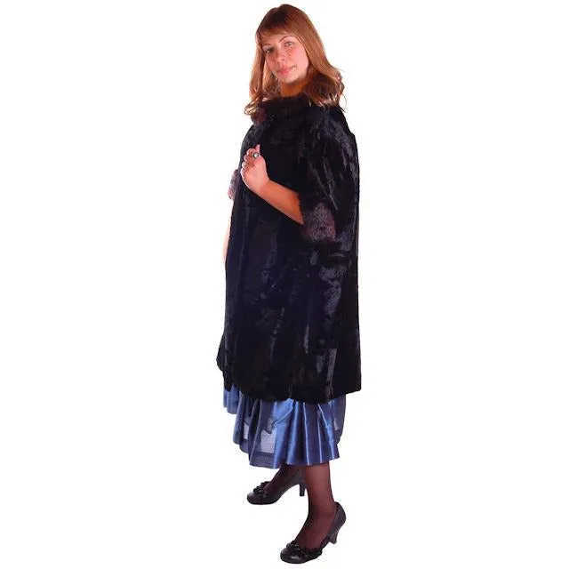 Vintage Black Crushed Silk Velveteen Cocoon Coat Brown Mink Trim 50S Med